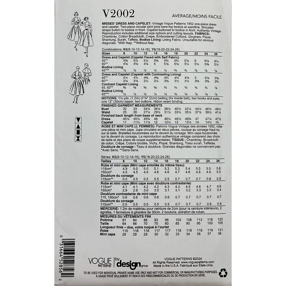 Pattern Misses Sz 8-16 Vintage 1952 Dress Capelet Vogue V2002 New/Uncut